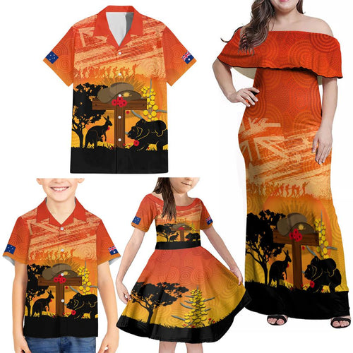 Australia ANZAC Day Family Matching Off Shoulder Maxi Dress and Hawaiian Shirt Koala and Kangaroo Respect Aboriginal Pattern
