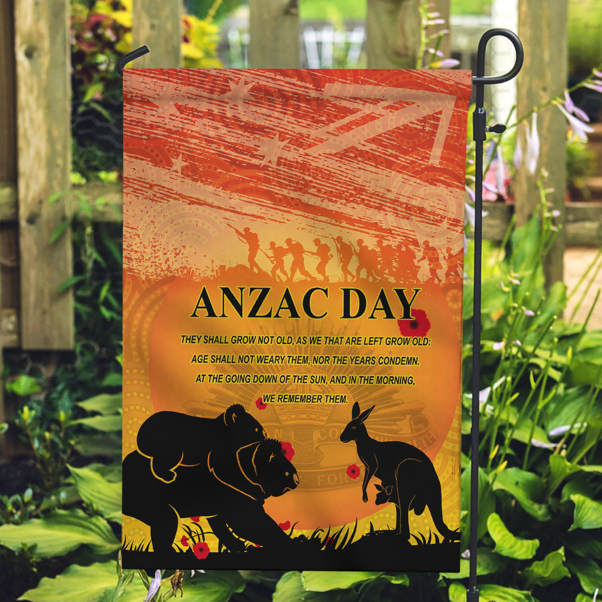 Australia ANZAC Day Garden Flag Koala and Kangaroo Respect Aboriginal Pattern