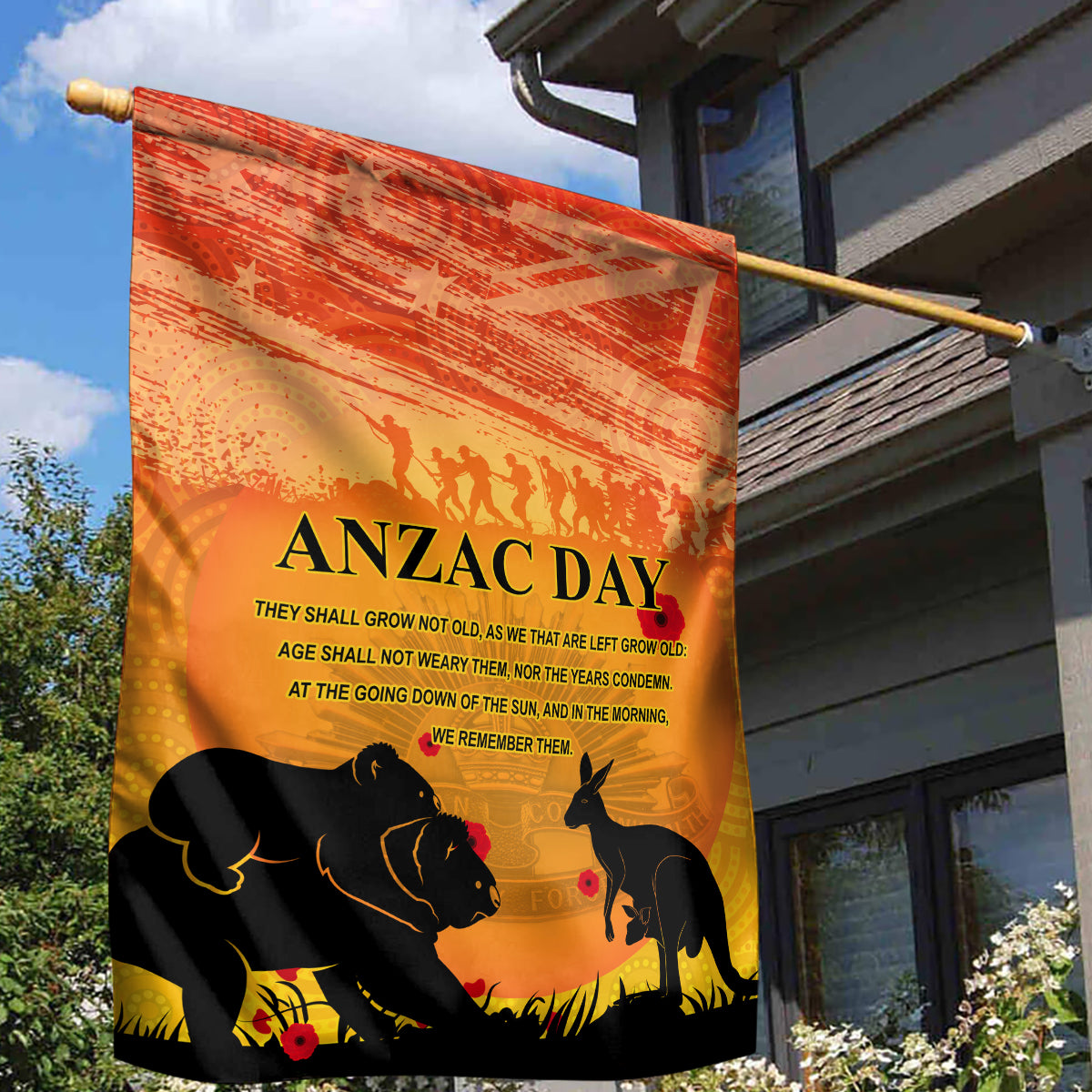 Australia ANZAC Day Garden Flag Koala and Kangaroo Respect Aboriginal Pattern