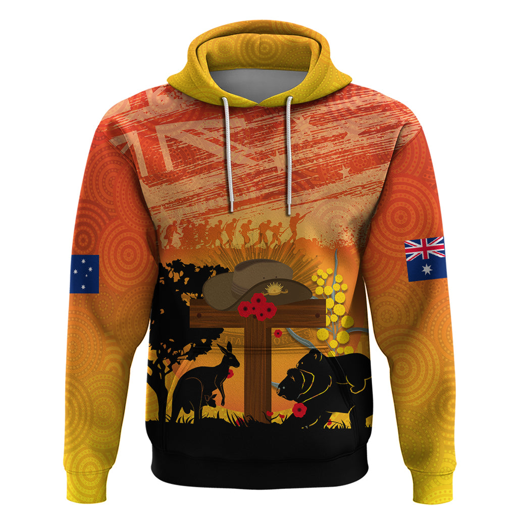 Australia ANZAC Day Hoodie Koala and Kangaroo Respect Aboriginal Pattern