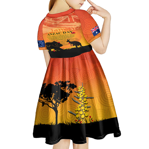 Australia ANZAC Day Kid Short Sleeve Dress Koala and Kangaroo Respect Aboriginal Pattern