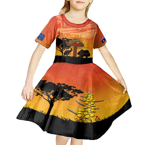 Australia ANZAC Day Kid Short Sleeve Dress Koala and Kangaroo Respect Aboriginal Pattern
