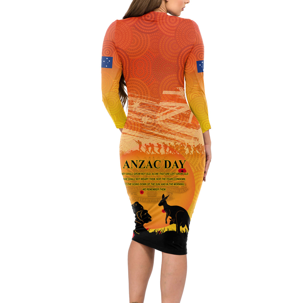 Australia ANZAC Day Long Sleeve Bodycon Dress Koala and Kangaroo Respect Aboriginal Pattern