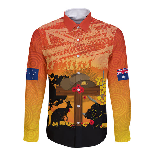 Australia ANZAC Day Long Sleeve Button Shirt Koala and Kangaroo Respect Aboriginal Pattern