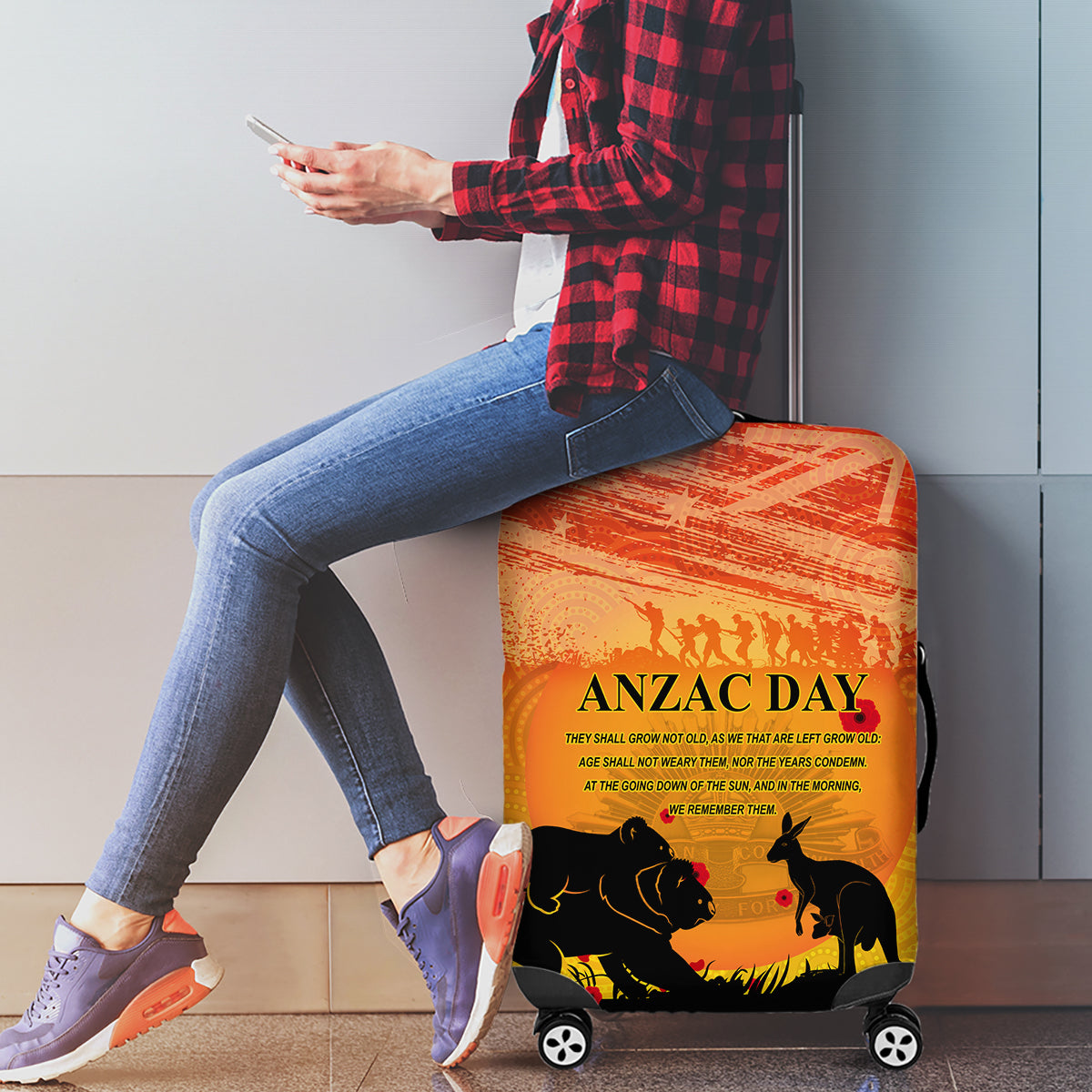 Australia ANZAC Day Luggage Cover Koala and Kangaroo Respect Aboriginal Pattern