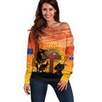 Australia ANZAC Day Off Shoulder Sweater Koala and Kangaroo Respect Aboriginal Pattern