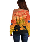 Australia ANZAC Day Off Shoulder Sweater Koala and Kangaroo Respect Aboriginal Pattern