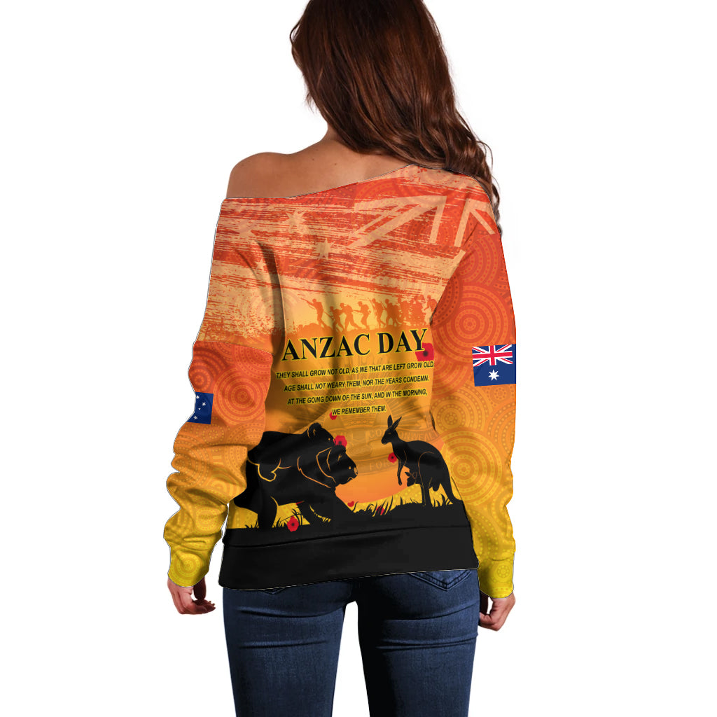 Australia ANZAC Day Off Shoulder Sweater Koala and Kangaroo Respect Aboriginal Pattern