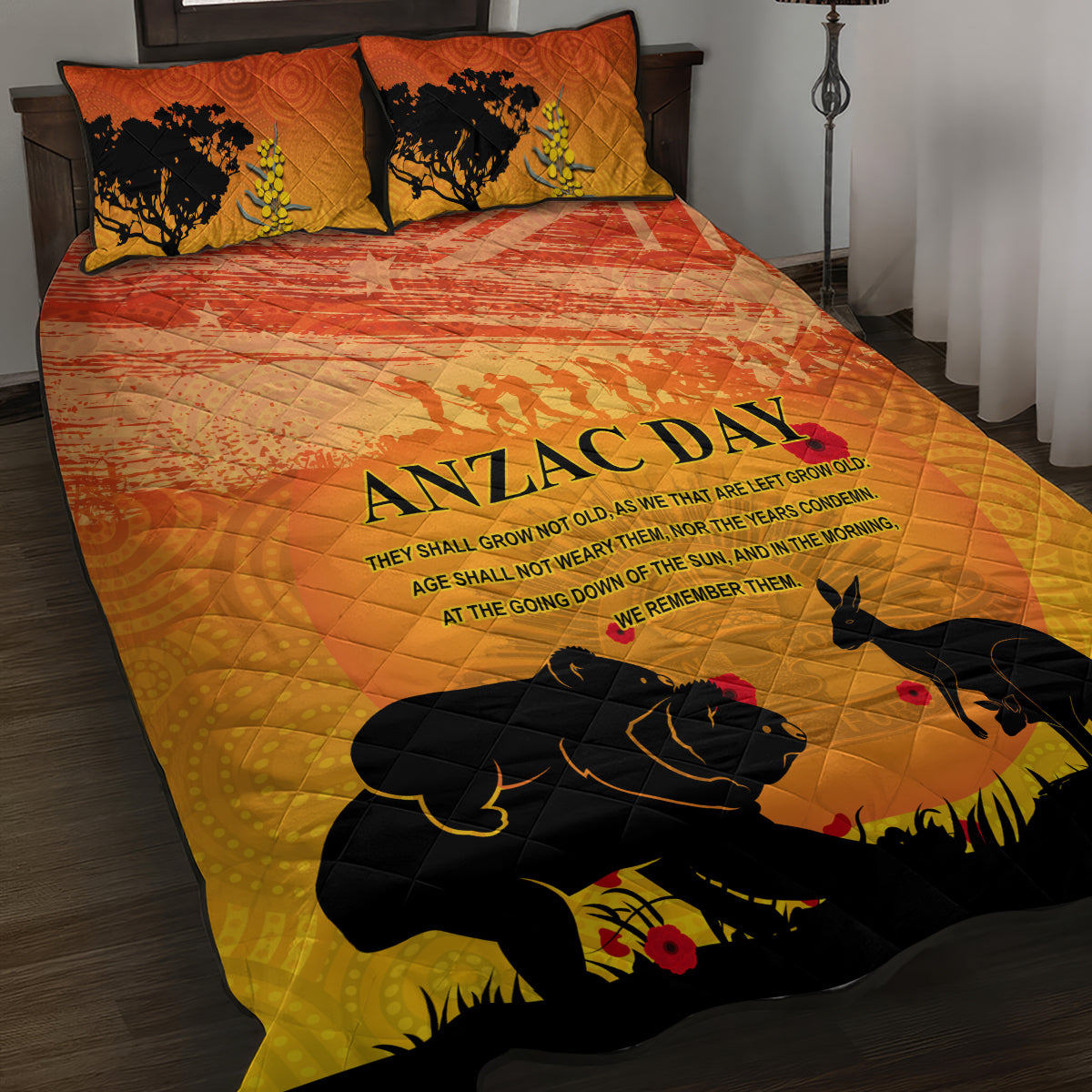 Australia ANZAC Day Quilt Bed Set Koala and Kangaroo Respect Aboriginal Pattern