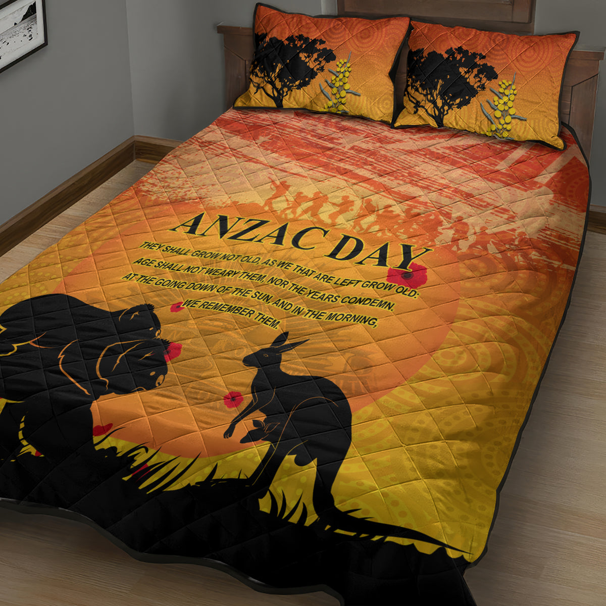 Australia ANZAC Day Quilt Bed Set Koala and Kangaroo Respect Aboriginal Pattern