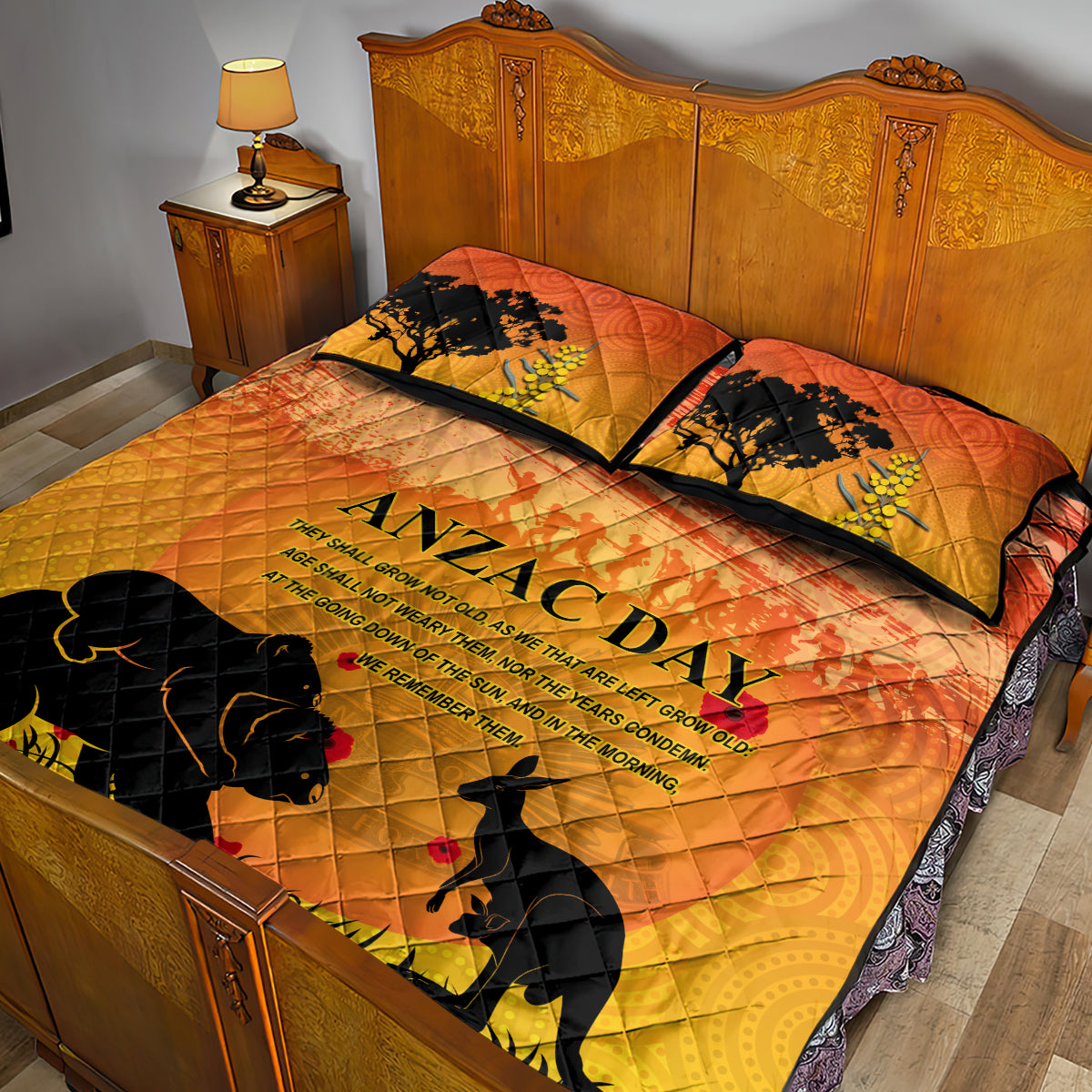 Australia ANZAC Day Quilt Bed Set Koala and Kangaroo Respect Aboriginal Pattern