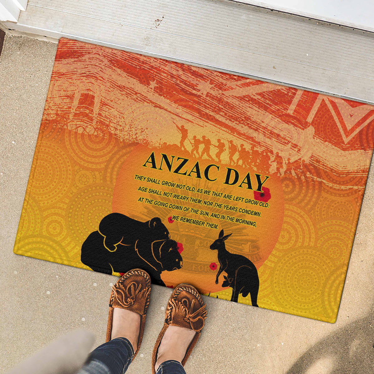 Australia ANZAC Day Rubber Doormat Koala and Kangaroo Respect Aboriginal Pattern