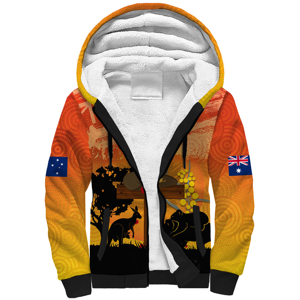 Australia ANZAC Day Sherpa Hoodie Koala and Kangaroo Respect Aboriginal Pattern