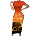 Australia ANZAC Day Short Sleeve Bodycon Dress Koala and Kangaroo Respect Aboriginal Pattern