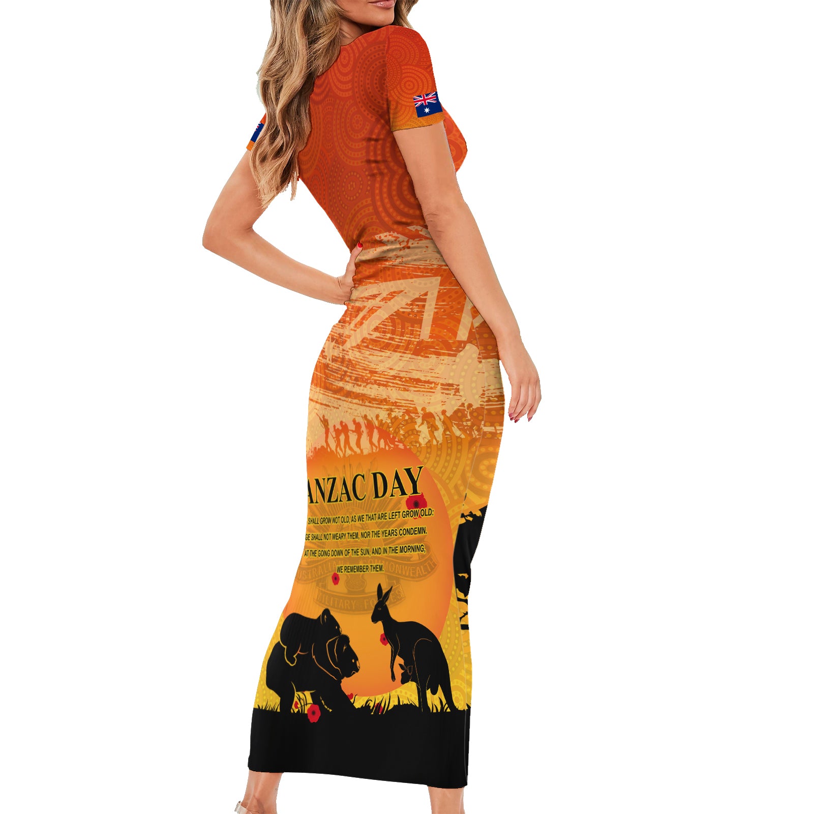 Australia ANZAC Day Short Sleeve Bodycon Dress Koala and Kangaroo Respect Aboriginal Pattern