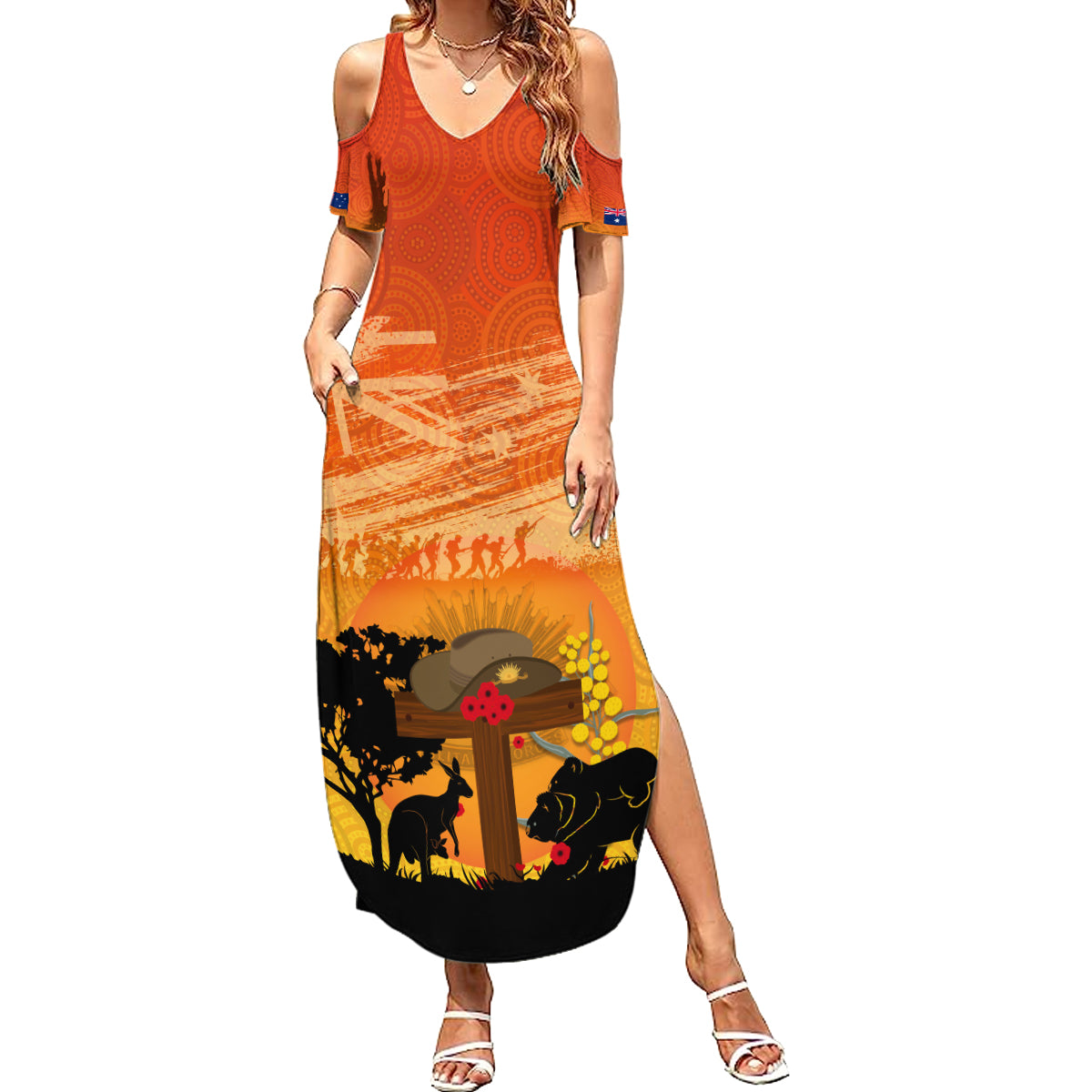 Australia ANZAC Day Summer Maxi Dress Koala and Kangaroo Respect Aboriginal Pattern
