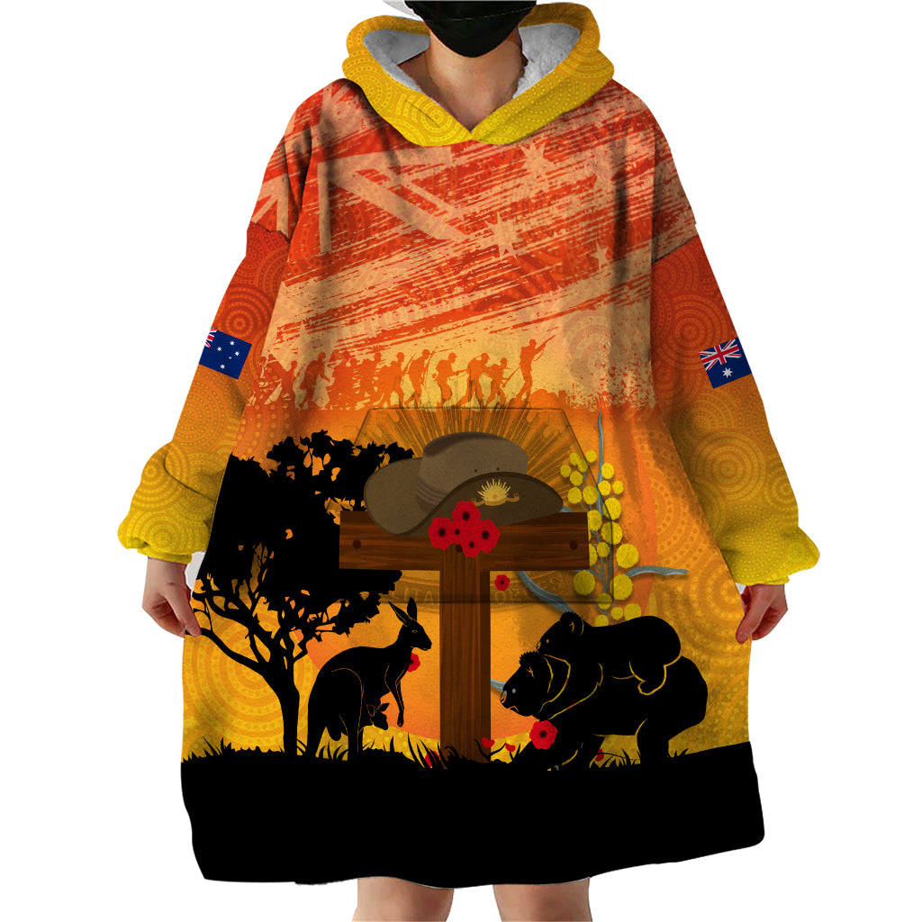Australia ANZAC Day Wearable Blanket Hoodie Koala and Kangaroo Respect Aboriginal Pattern