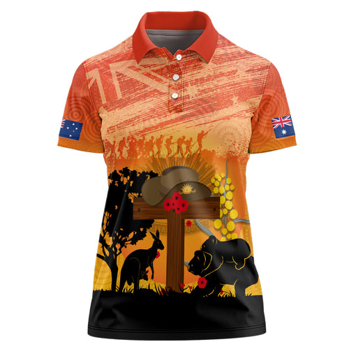 Australia ANZAC Day Women Polo Shirt Koala and Kangaroo Respect Aboriginal Pattern