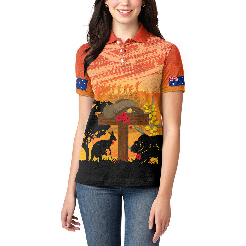 Australia ANZAC Day Women Polo Shirt Koala and Kangaroo Respect Aboriginal Pattern