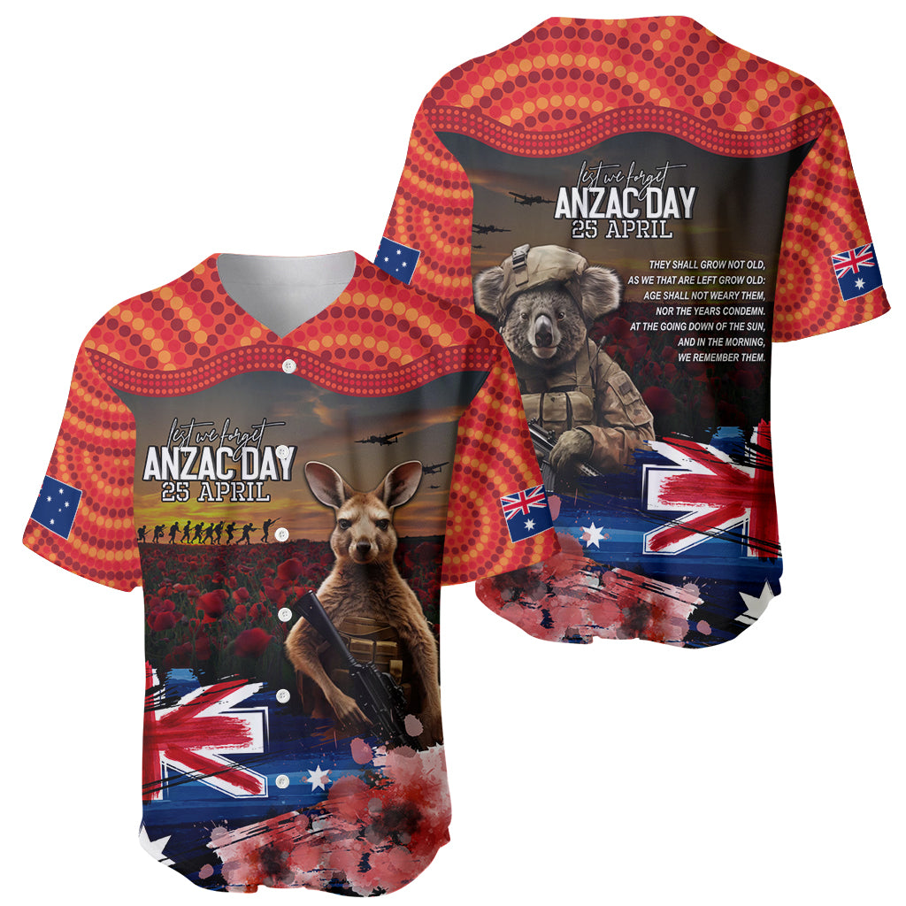 Australia ANZAC Day Baseball Jersey Koala and Kangaroo Red Poppy Flower Field Aboriginal Pattern