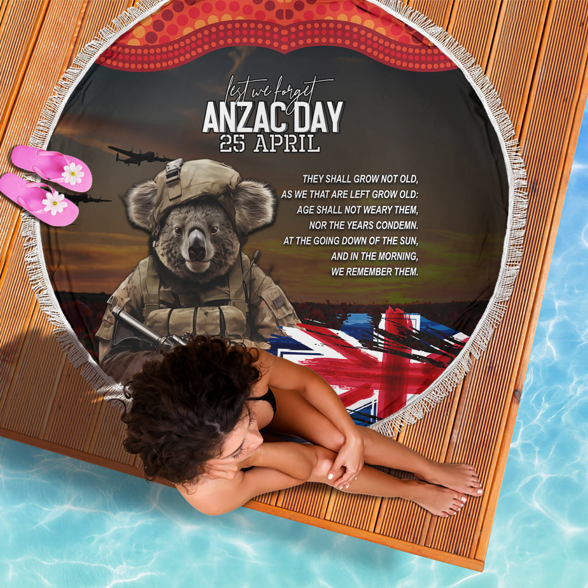 Australia ANZAC Day Beach Blanket Koala and Kangaroo Red Poppy Flower Field Aboriginal Pattern