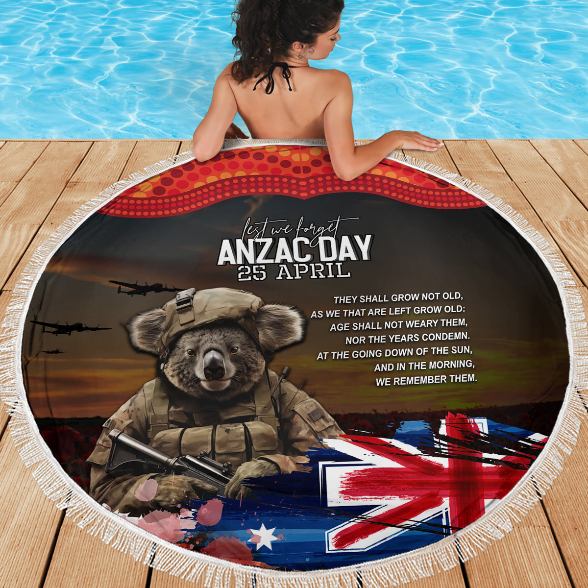 Australia ANZAC Day Beach Blanket Koala and Kangaroo Red Poppy Flower Field Aboriginal Pattern