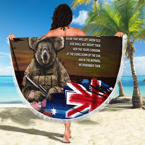 Australia ANZAC Day Beach Blanket Koala and Kangaroo Red Poppy Flower Field Aboriginal Pattern