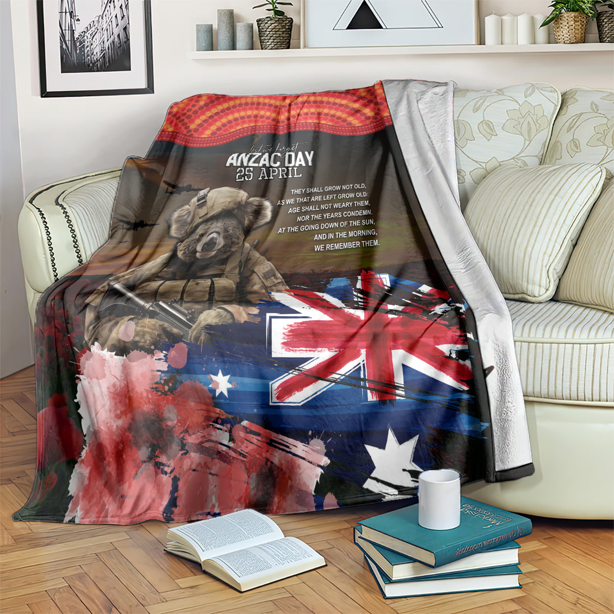 Australia ANZAC Day Blanket Koala and Kangaroo Red Poppy Flower Field Aboriginal Pattern