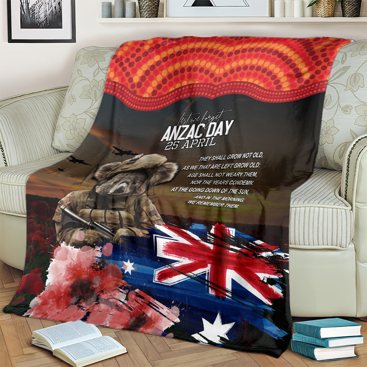 Australia ANZAC Day Blanket Koala and Kangaroo Red Poppy Flower Field Aboriginal Pattern