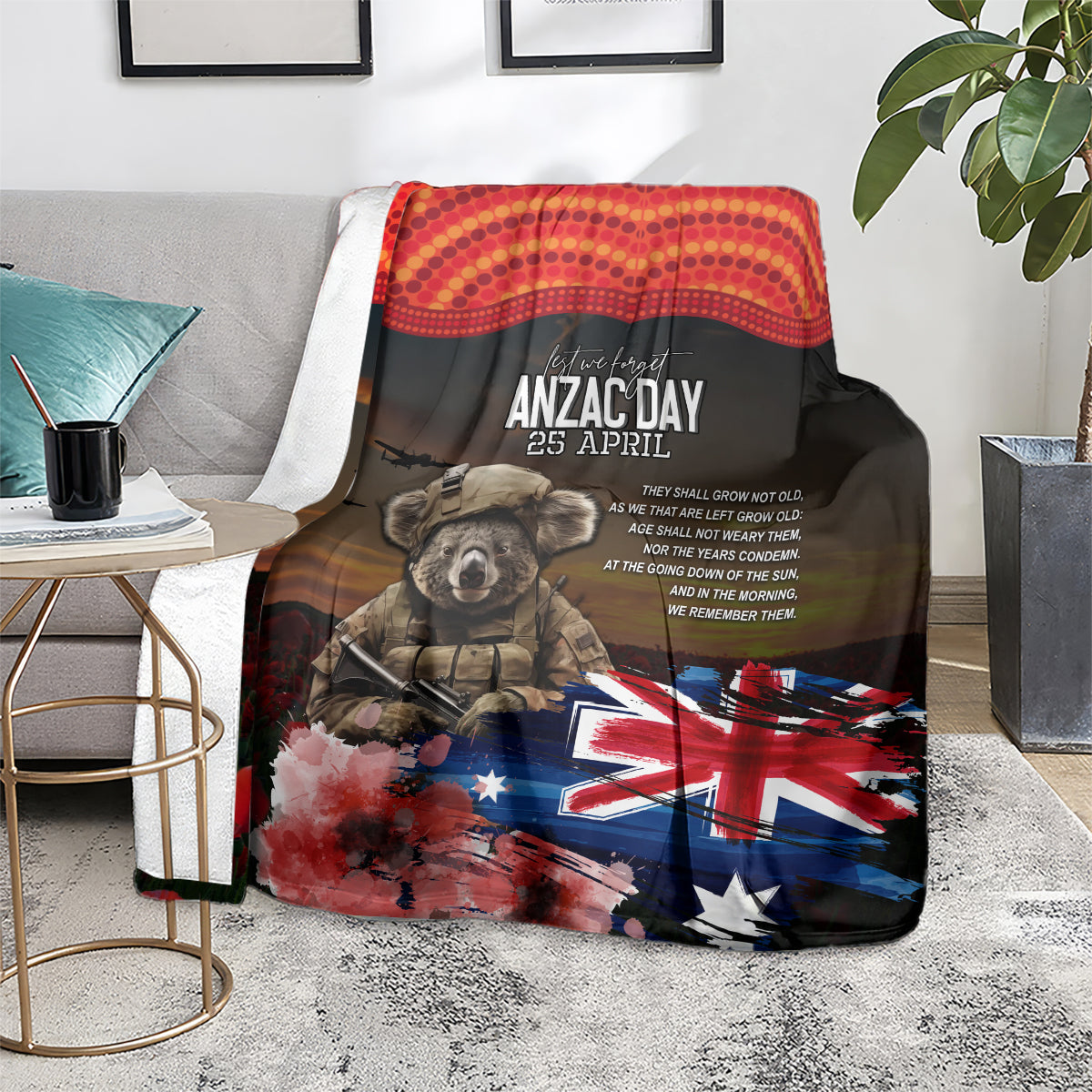 Australia ANZAC Day Blanket Koala and Kangaroo Red Poppy Flower Field Aboriginal Pattern