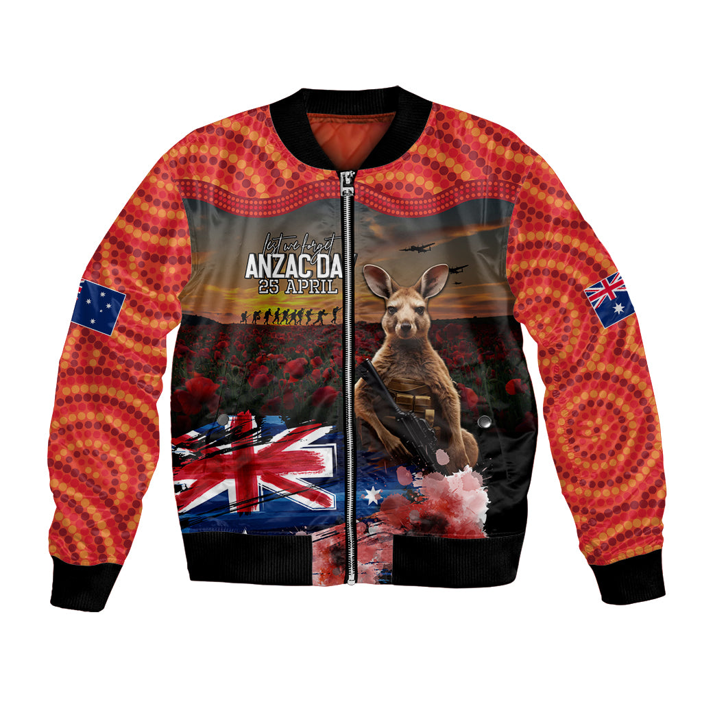 Australia ANZAC Day Bomber Jacket Koala and Kangaroo Red Poppy Flower Field Aboriginal Pattern