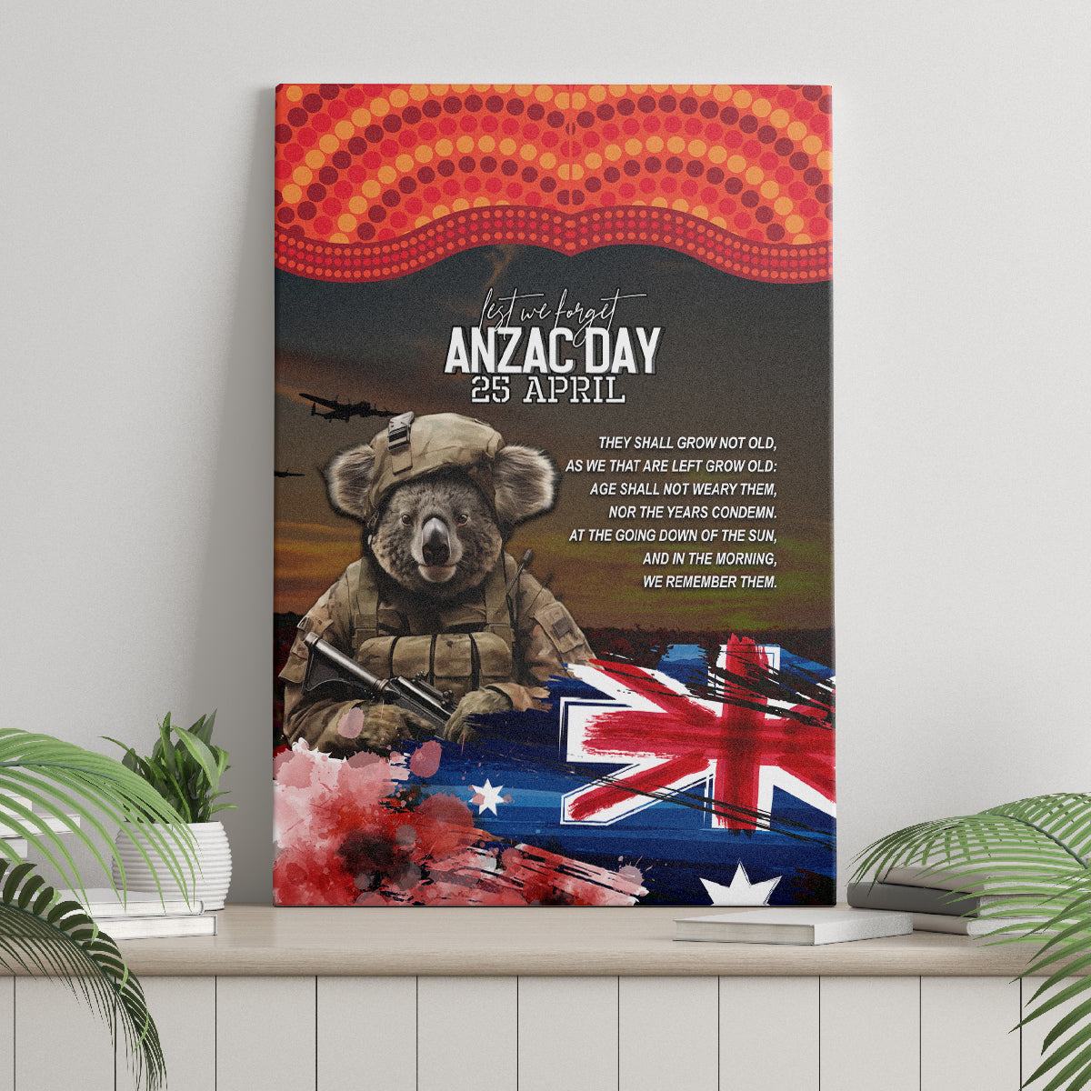 Australia ANZAC Day Canvas Wall Art Koala and Kangaroo Red Poppy Flower Field Aboriginal Pattern