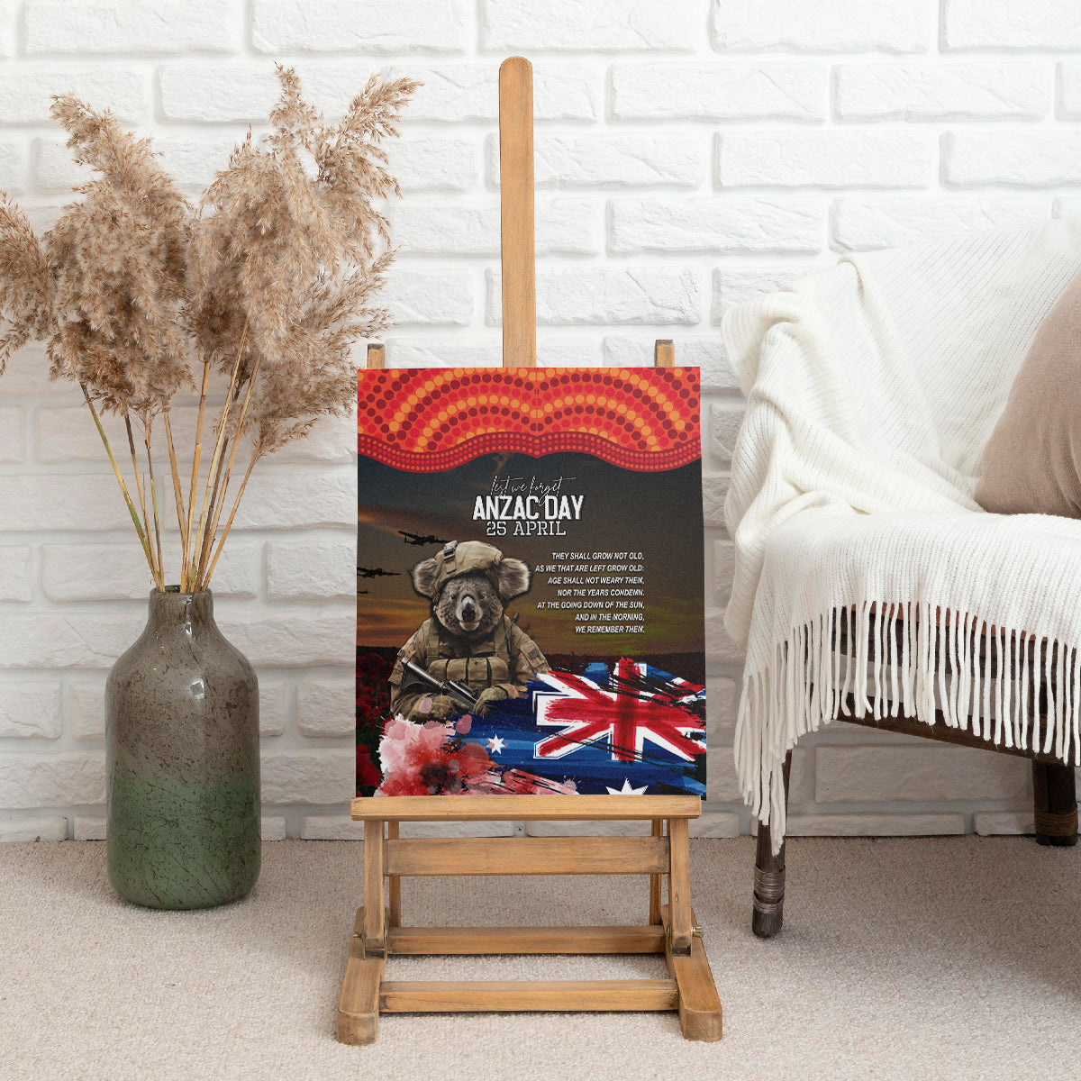 Australia ANZAC Day Canvas Wall Art Koala and Kangaroo Red Poppy Flower Field Aboriginal Pattern