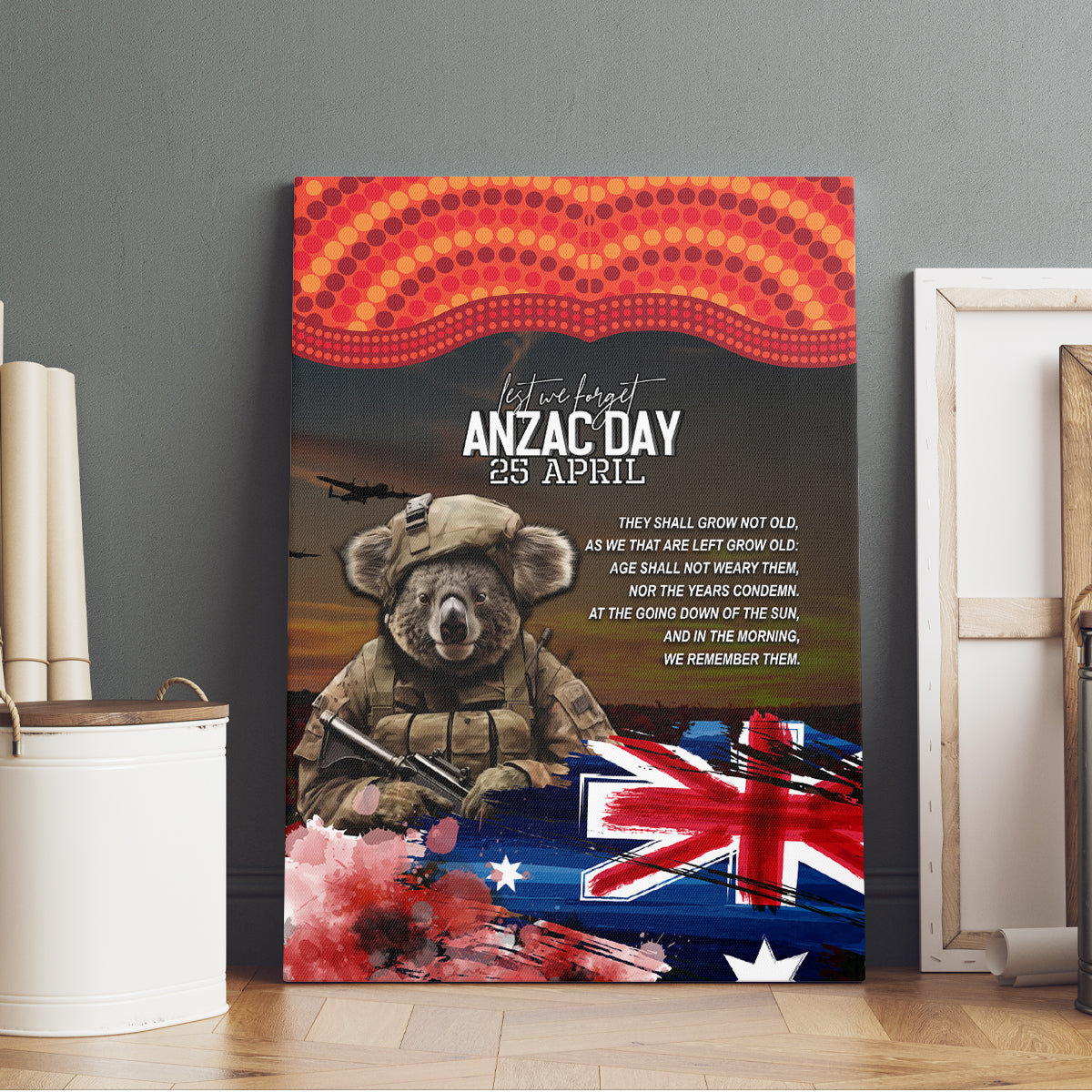 Australia ANZAC Day Canvas Wall Art Koala and Kangaroo Red Poppy Flower Field Aboriginal Pattern