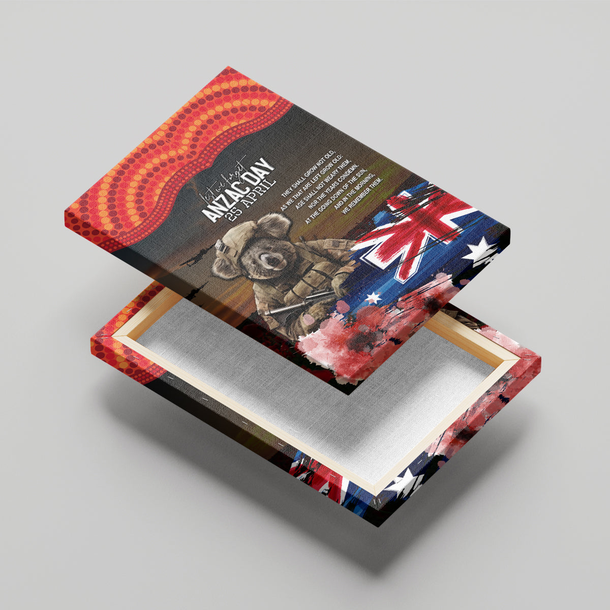 Australia ANZAC Day Canvas Wall Art Koala and Kangaroo Red Poppy Flower Field Aboriginal Pattern