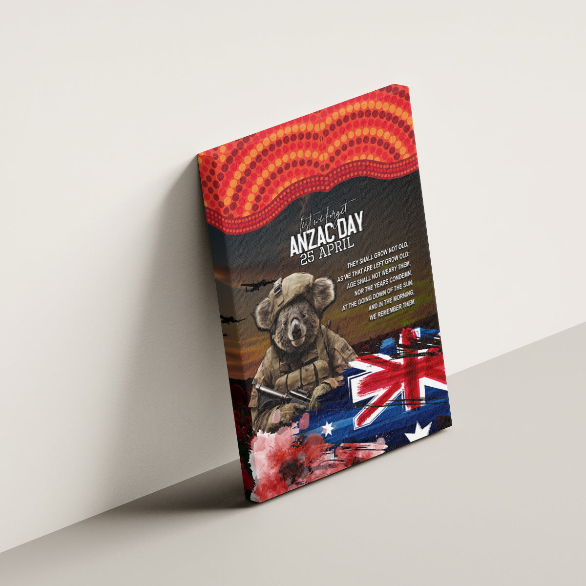 Australia ANZAC Day Canvas Wall Art Koala and Kangaroo Red Poppy Flower Field Aboriginal Pattern