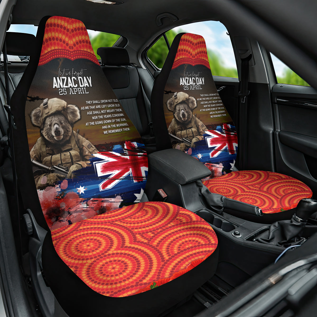 Australia ANZAC Day Car Seat Cover Koala and Kangaroo Red Poppy Flower Field Aboriginal Pattern
