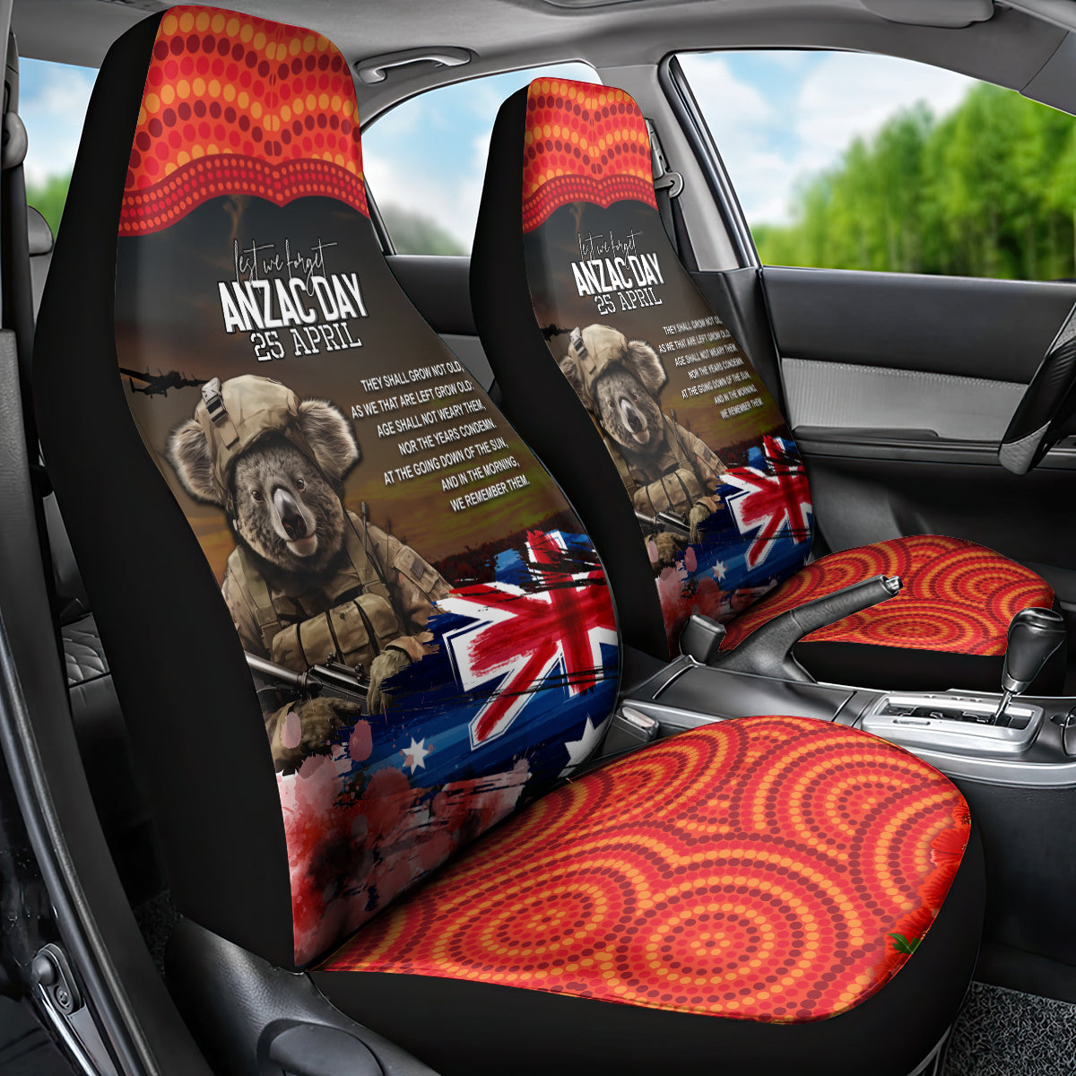 Australia ANZAC Day Car Seat Cover Koala and Kangaroo Red Poppy Flower Field Aboriginal Pattern