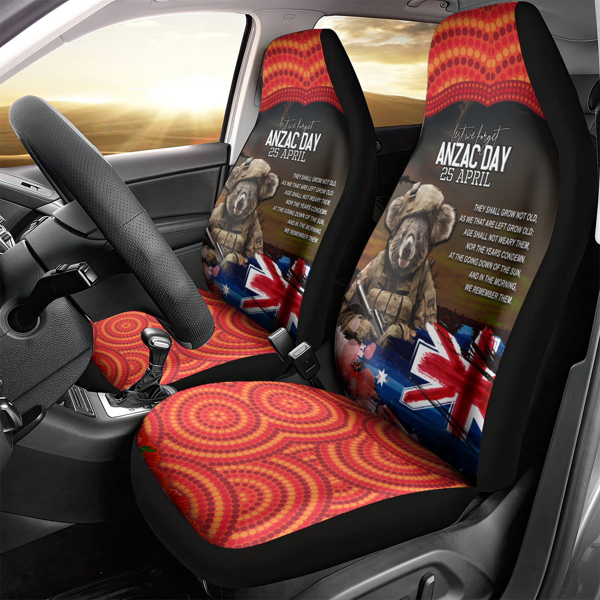 Australia ANZAC Day Car Seat Cover Koala and Kangaroo Red Poppy Flower Field Aboriginal Pattern