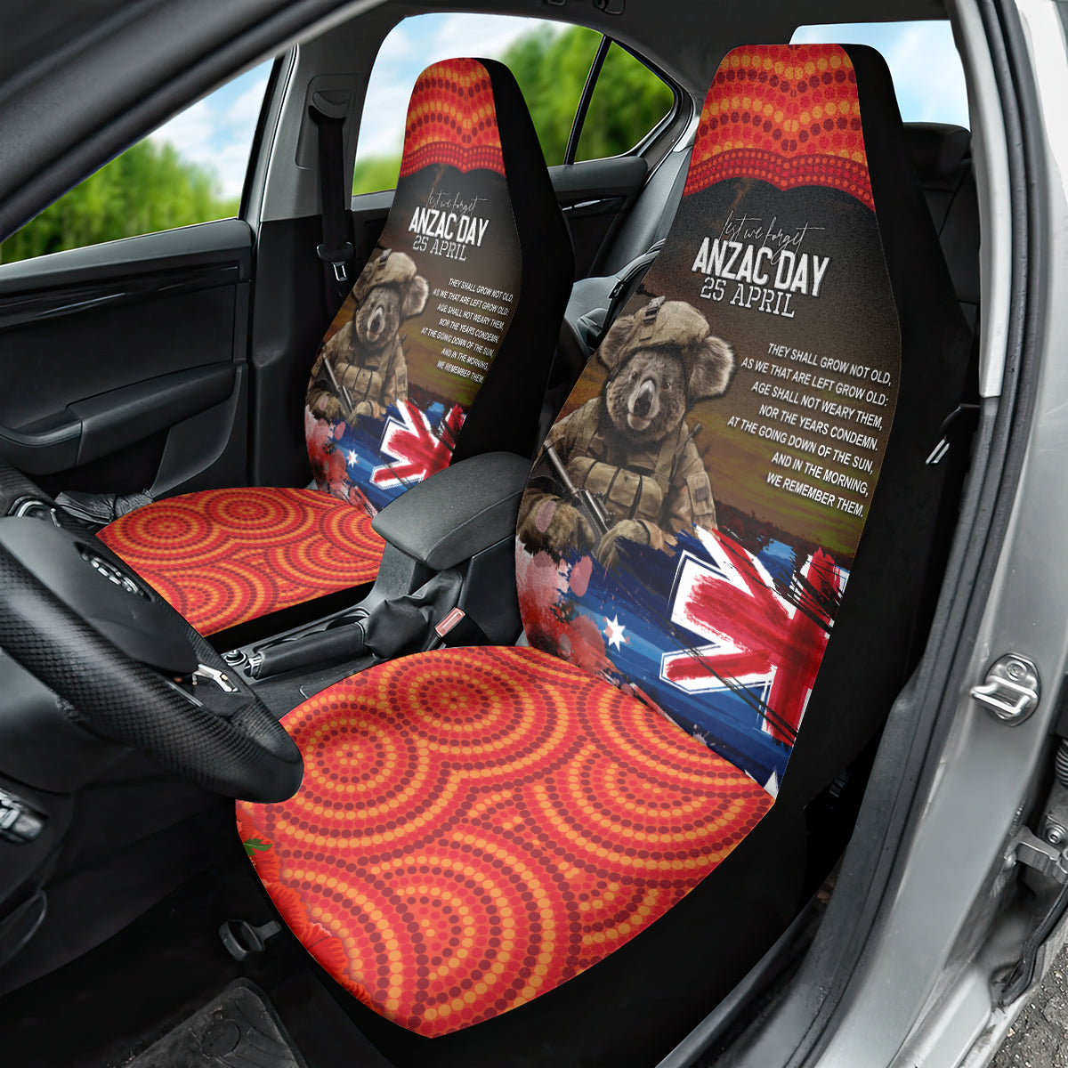 Australia ANZAC Day Car Seat Cover Koala and Kangaroo Red Poppy Flower Field Aboriginal Pattern