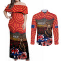 Australia ANZAC Day Couples Matching Off Shoulder Maxi Dress and Long Sleeve Button Shirt Koala and Kangaroo Red Poppy Flower Field Aboriginal Pattern