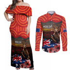 Australia ANZAC Day Couples Matching Off Shoulder Maxi Dress and Long Sleeve Button Shirt Koala and Kangaroo Red Poppy Flower Field Aboriginal Pattern