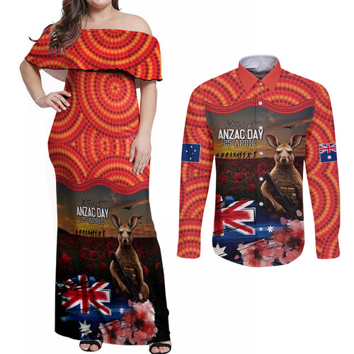 Australia ANZAC Day Couples Matching Off Shoulder Maxi Dress and Long Sleeve Button Shirt Koala and Kangaroo Red Poppy Flower Field Aboriginal Pattern
