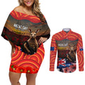 Australia ANZAC Day Couples Matching Off Shoulder Short Dress and Long Sleeve Button Shirt Koala and Kangaroo Red Poppy Flower Field Aboriginal Pattern
