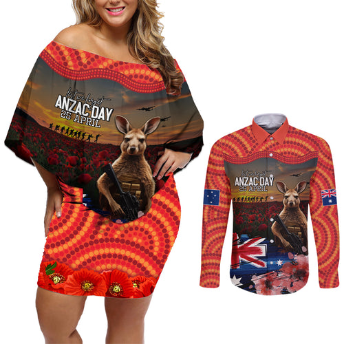 Australia ANZAC Day Couples Matching Off Shoulder Short Dress and Long Sleeve Button Shirt Koala and Kangaroo Red Poppy Flower Field Aboriginal Pattern