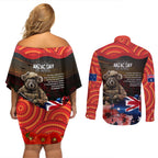 Australia ANZAC Day Couples Matching Off Shoulder Short Dress and Long Sleeve Button Shirt Koala and Kangaroo Red Poppy Flower Field Aboriginal Pattern