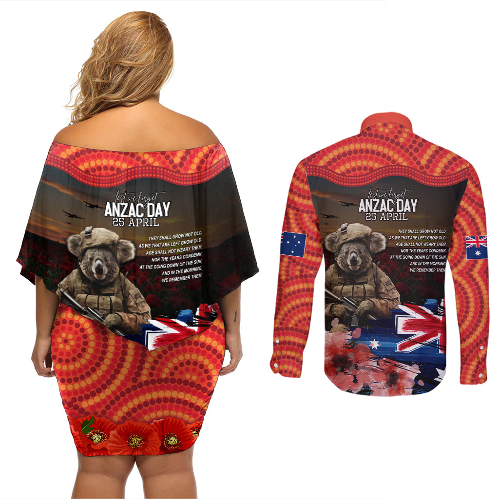 Australia ANZAC Day Couples Matching Off Shoulder Short Dress and Long Sleeve Button Shirt Koala and Kangaroo Red Poppy Flower Field Aboriginal Pattern