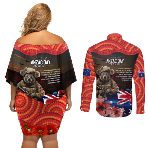 Australia ANZAC Day Couples Matching Off Shoulder Short Dress and Long Sleeve Button Shirt Koala and Kangaroo Red Poppy Flower Field Aboriginal Pattern