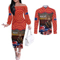 Australia ANZAC Day Couples Matching Off The Shoulder Long Sleeve Dress and Long Sleeve Button Shirt Koala and Kangaroo Red Poppy Flower Field Aboriginal Pattern