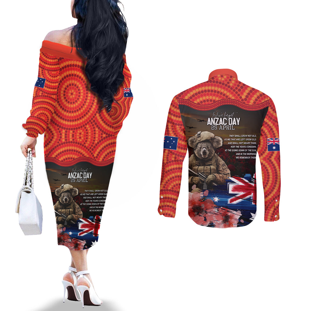 Australia ANZAC Day Couples Matching Off The Shoulder Long Sleeve Dress and Long Sleeve Button Shirt Koala and Kangaroo Red Poppy Flower Field Aboriginal Pattern